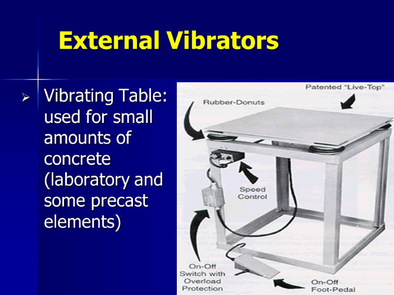 Vibrating Table: used for small amounts of concrete (laboratory and some precast elements) External